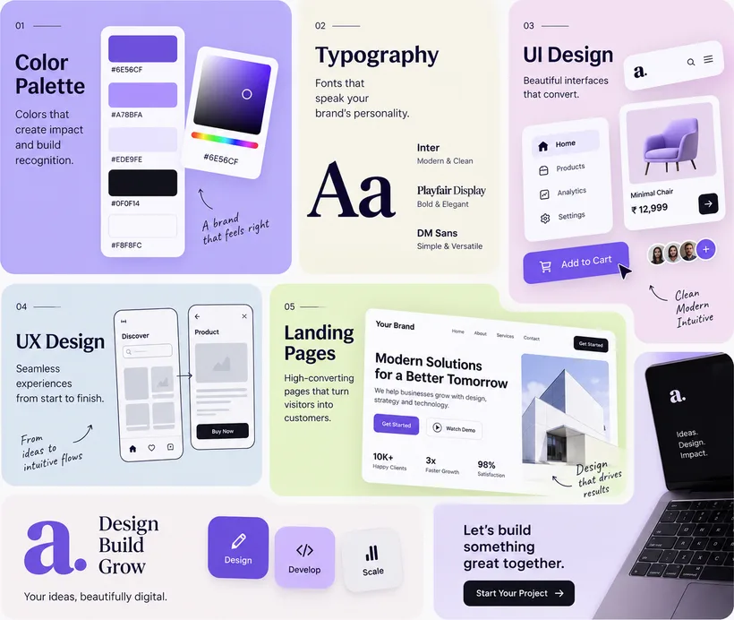 Design capability board: colour palette, typography, UI design, UX design and landing page examples